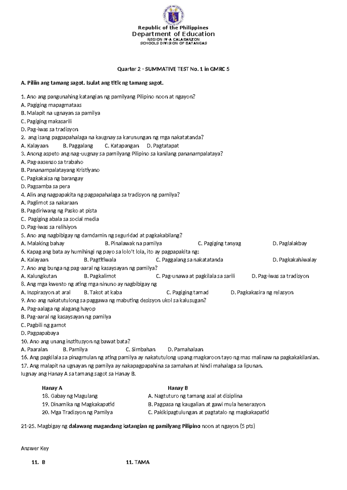 Q2ST-GMRC5 - Summative Test No. 1, 2, & 3 in GMRC 5 - Studocu
