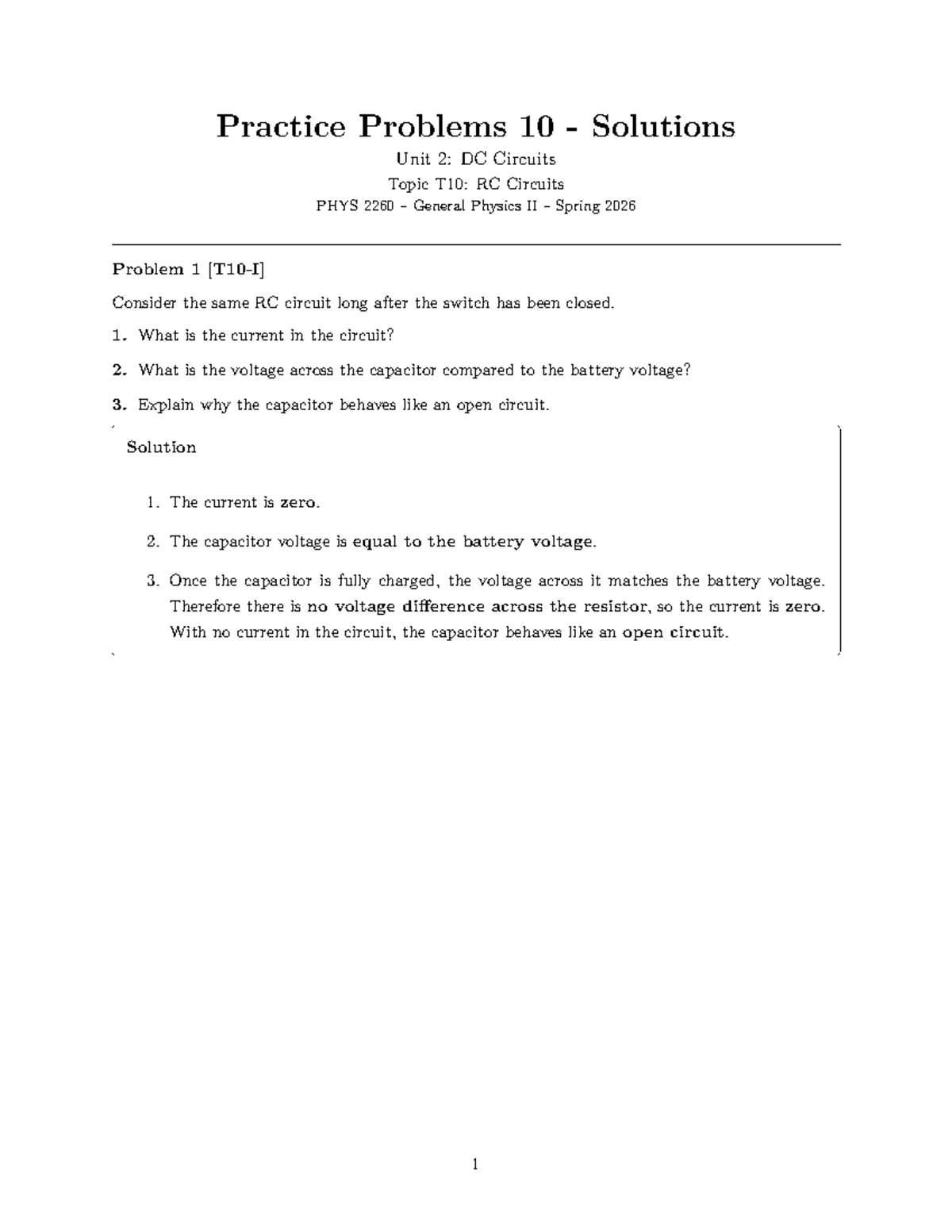 Practice Problems 10 Solutions Study Guide PHYS 2260 General Physics II ...