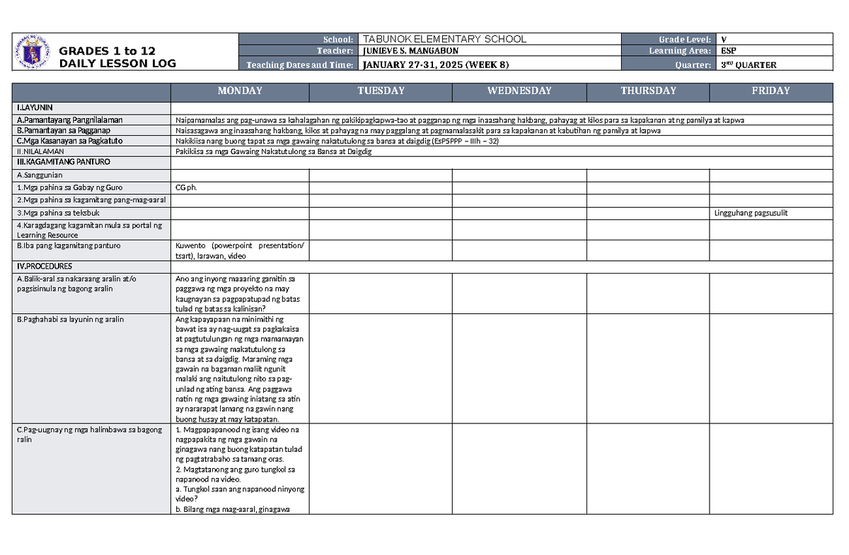 DLL ESP 5 Q3 W8 - NONE - GRADES 1 to 12 DAILY LESSON LOG School ...