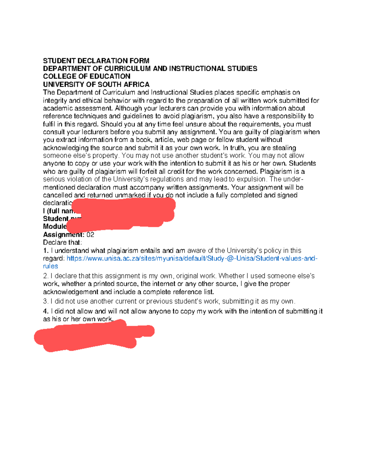 CUS Assignment Declaration Form and Plagiarism Guidelines Overview ...