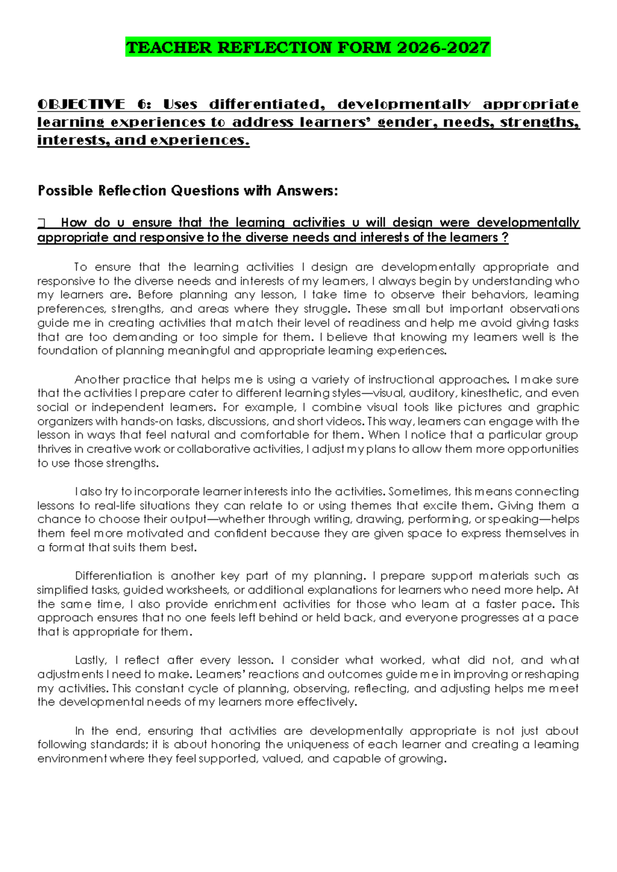 Teacher Reflection Form: Objective 6 & 8 Strategies for Inclusive ...