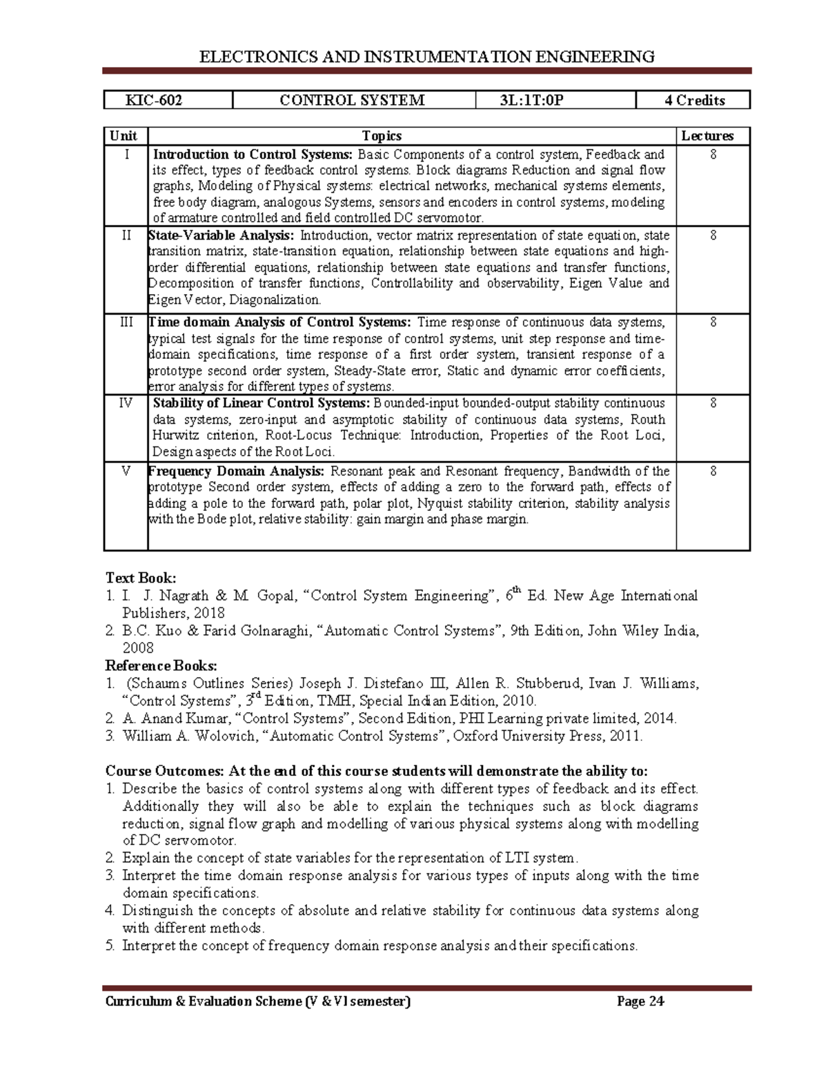 ELECTRONICS AND INSTRUMENTATION ENGINEERING Control System Syllabus 3L ...