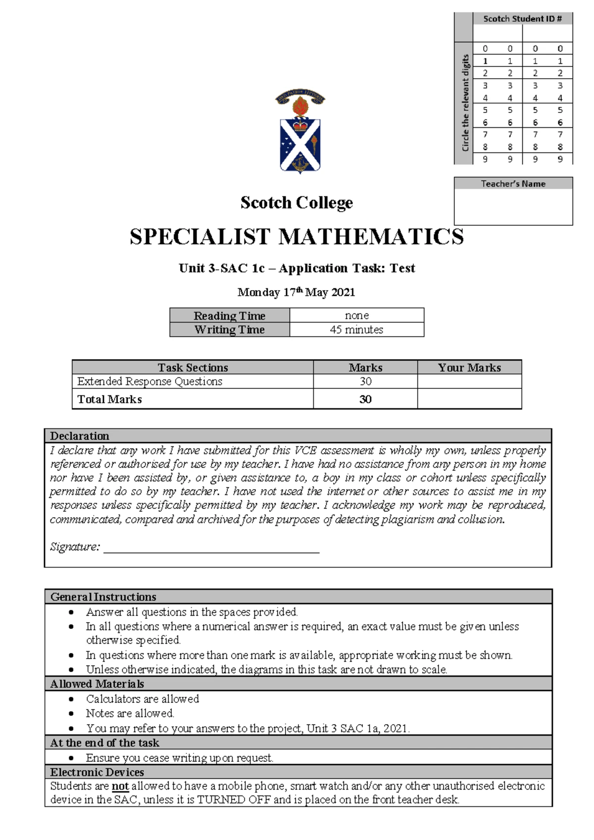 VCE Specialist Mathematics Exam 1 - 2024 Formula Sheet - Studocu