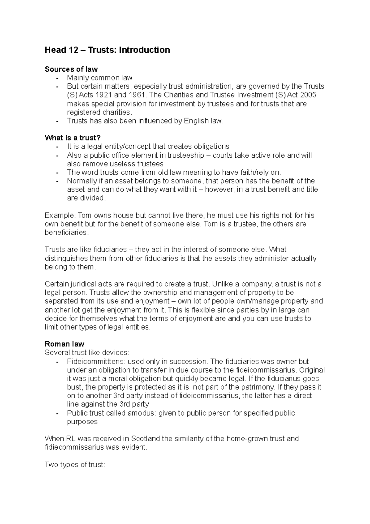 Trusts Law Lecture Notes: Key Concepts and Legal Principles - Studocu