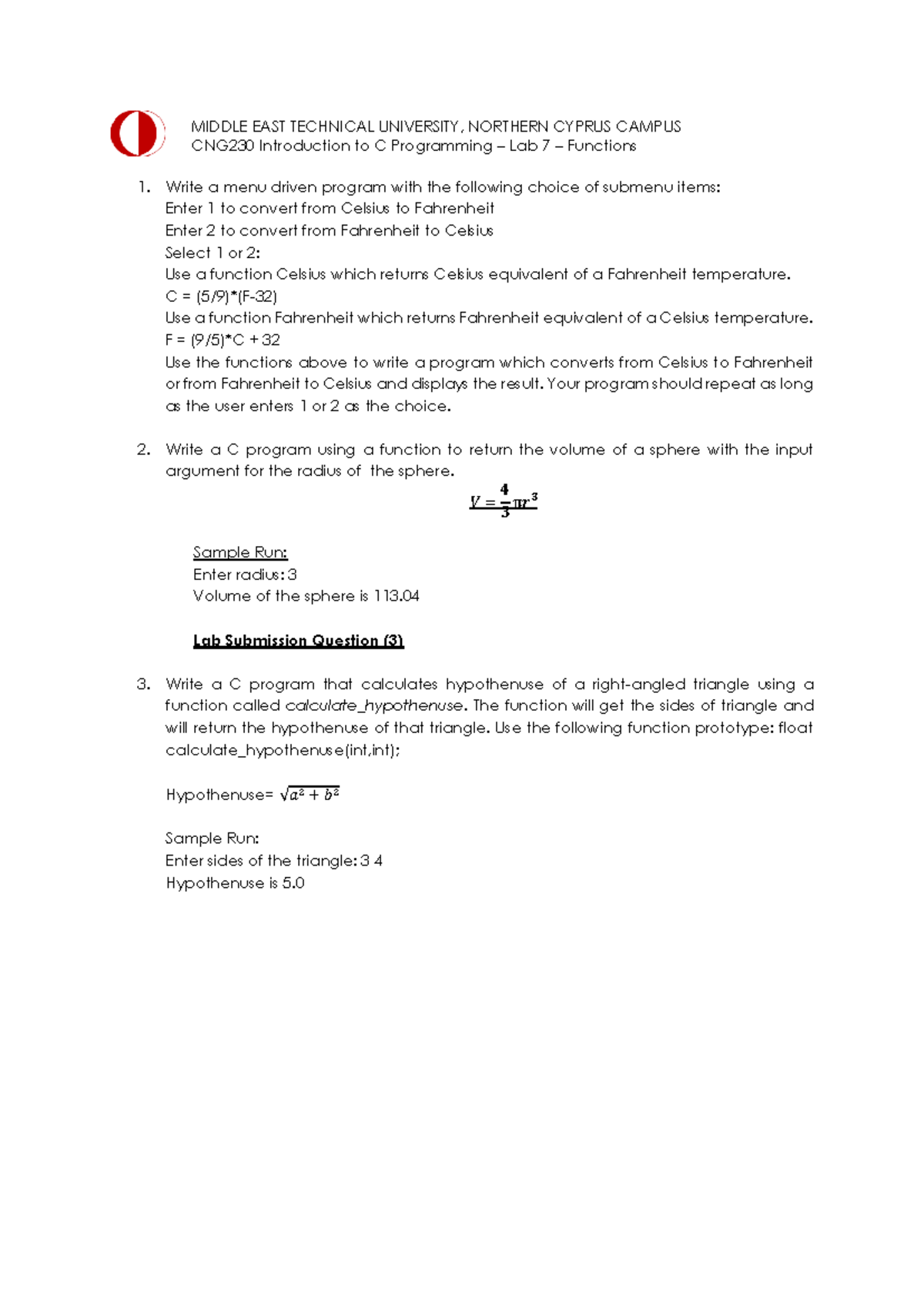 CNG230 Lab 7: Functions Programming Exercises - Studocu