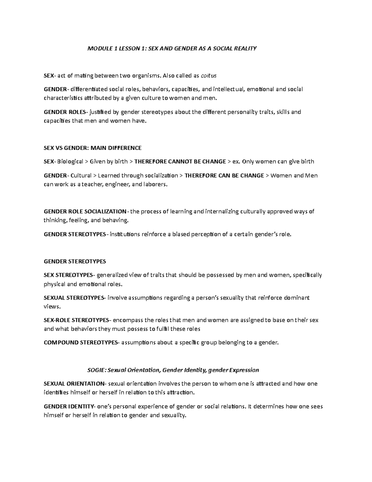 MODULE 1 LESSON 1: GENDER AND SOCIETY NOTES - Studocu