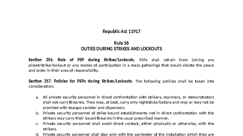 Republic Act 11917: Duties of PSPs During Strikes and Lockouts - Studocu