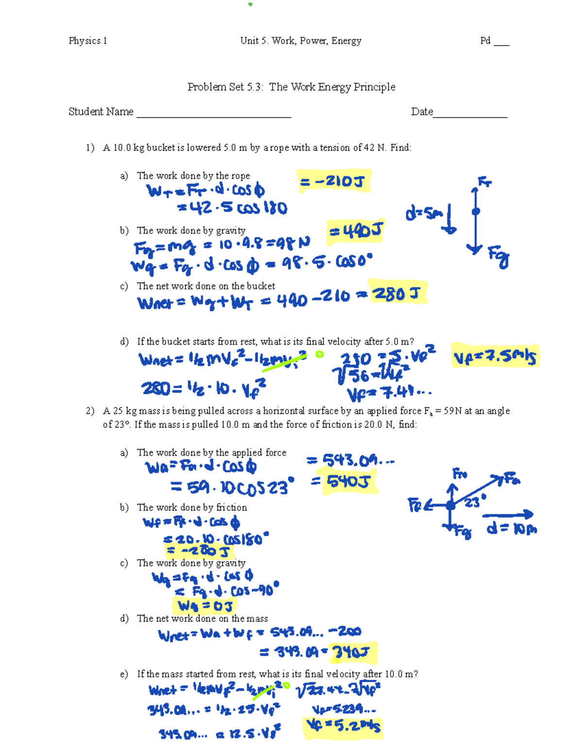 PS 5.3 - Problem Set on Work Energy Principle in Physics 1 - Studocu