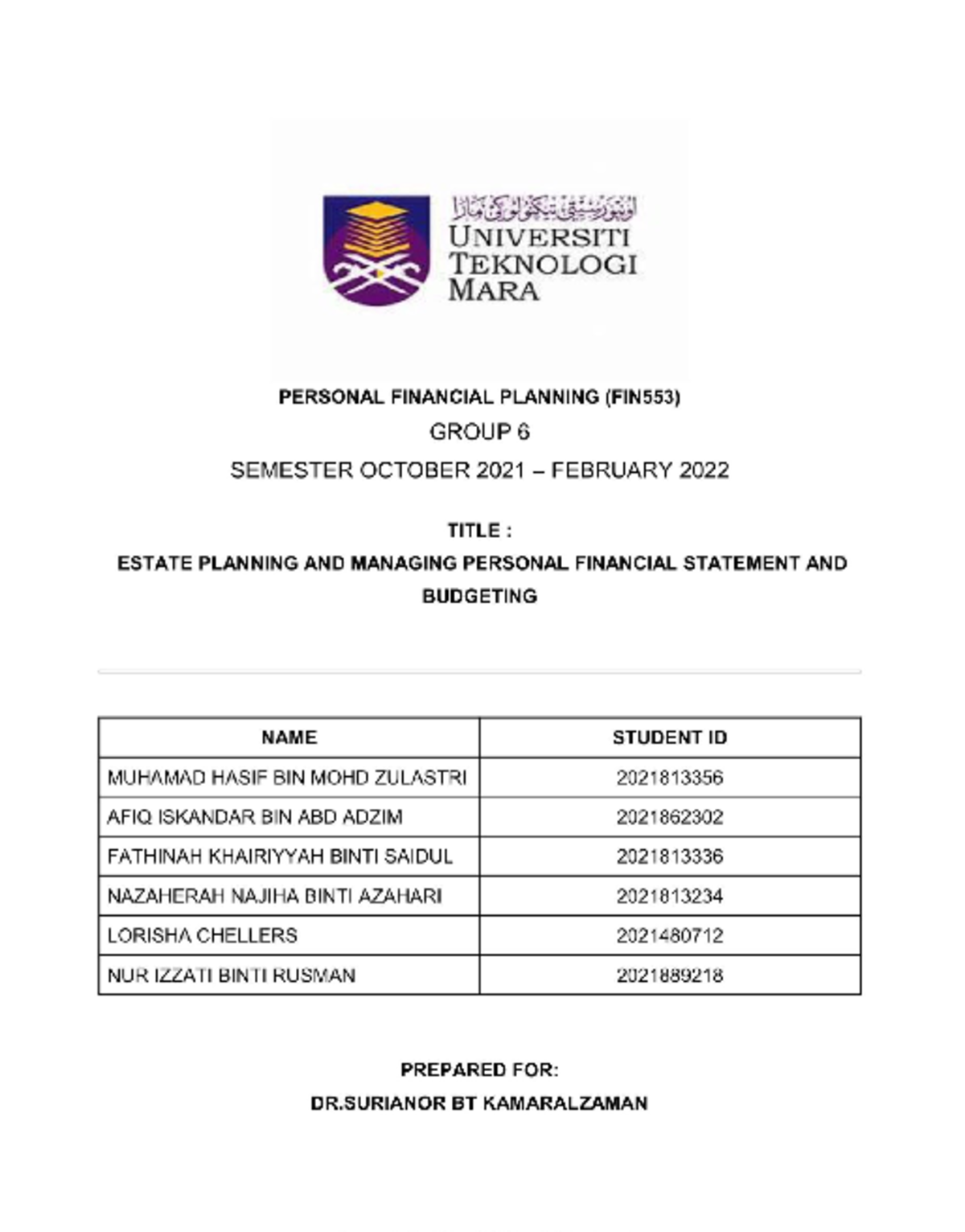 Fin533-group-assignment - Personal Financial Planning - Studocu