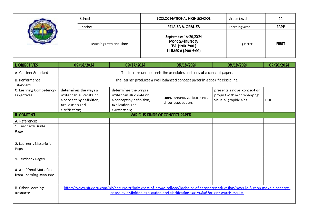 DLP 8 Types of Concept Paper for EAPP Grade 11: Lesson Notes - Studocu