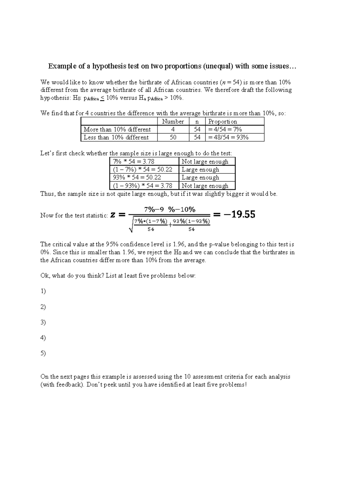 Hypothesis Test on Two Proportions: Analysis & Issues (Stat 101 ...