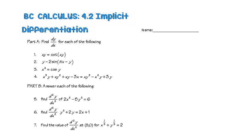 AP BC CALCULUS: 3.2 Implicit Differentiation Worksheet - Studocu