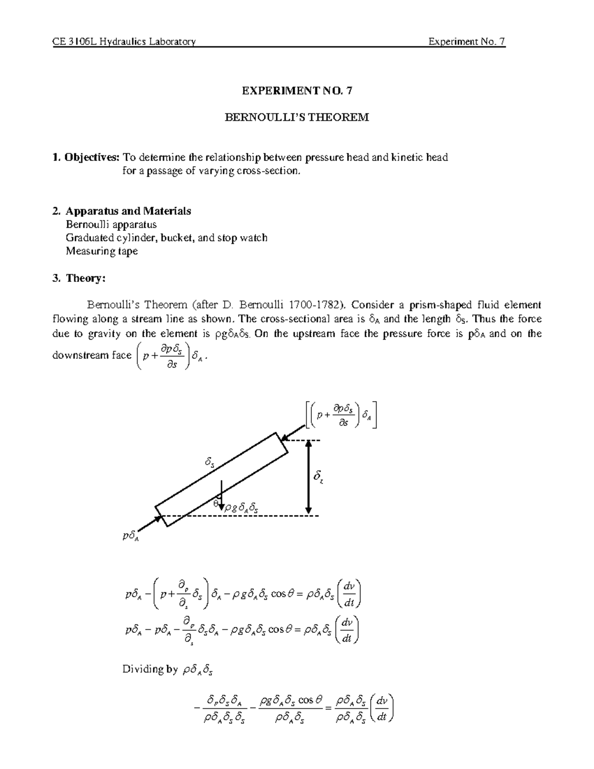 Experiment 7: Understanding Bernoulli's Theorem in Fluid Dynamics - Studocu