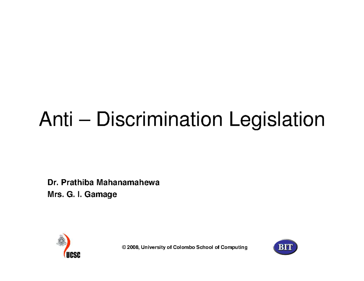 Anti-Discrimination Legislation Overview - University of Colombo 2008 ...