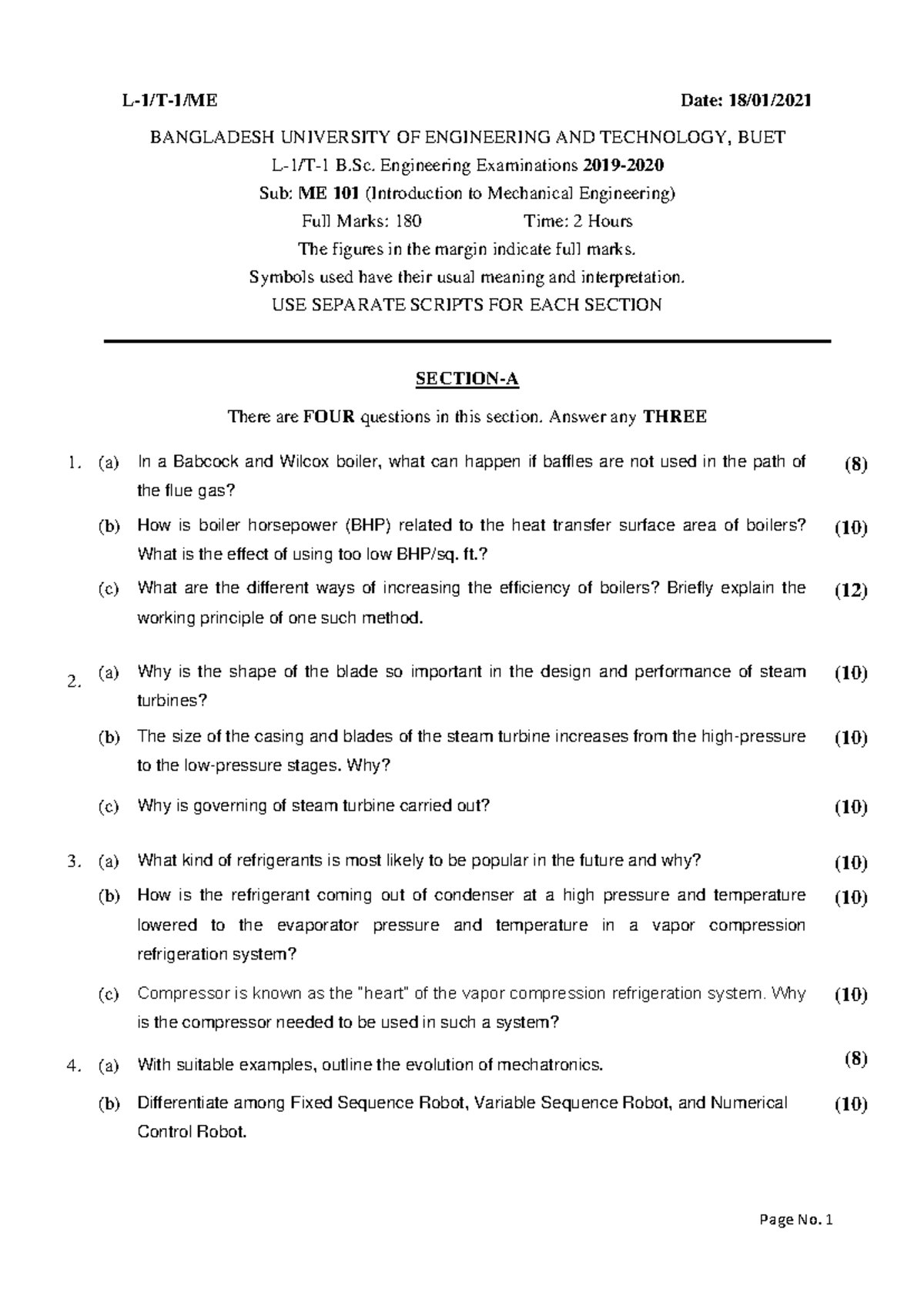 ME 101 - Mechanical Engineering Exam 2019-2020 (L1/T1) - Studocu