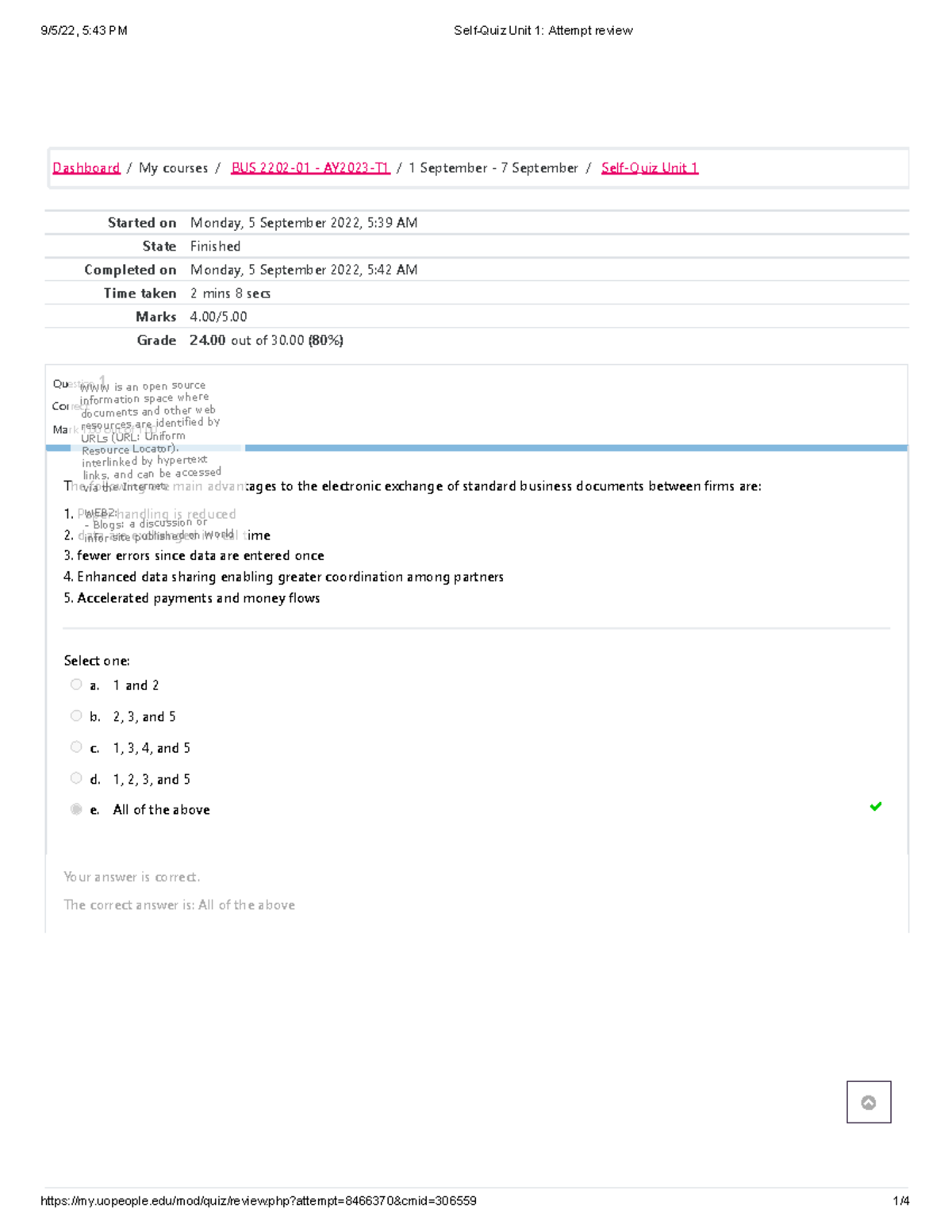 Self-Quiz Unit 1 Review Results for BUS 2202-01 - Studocu