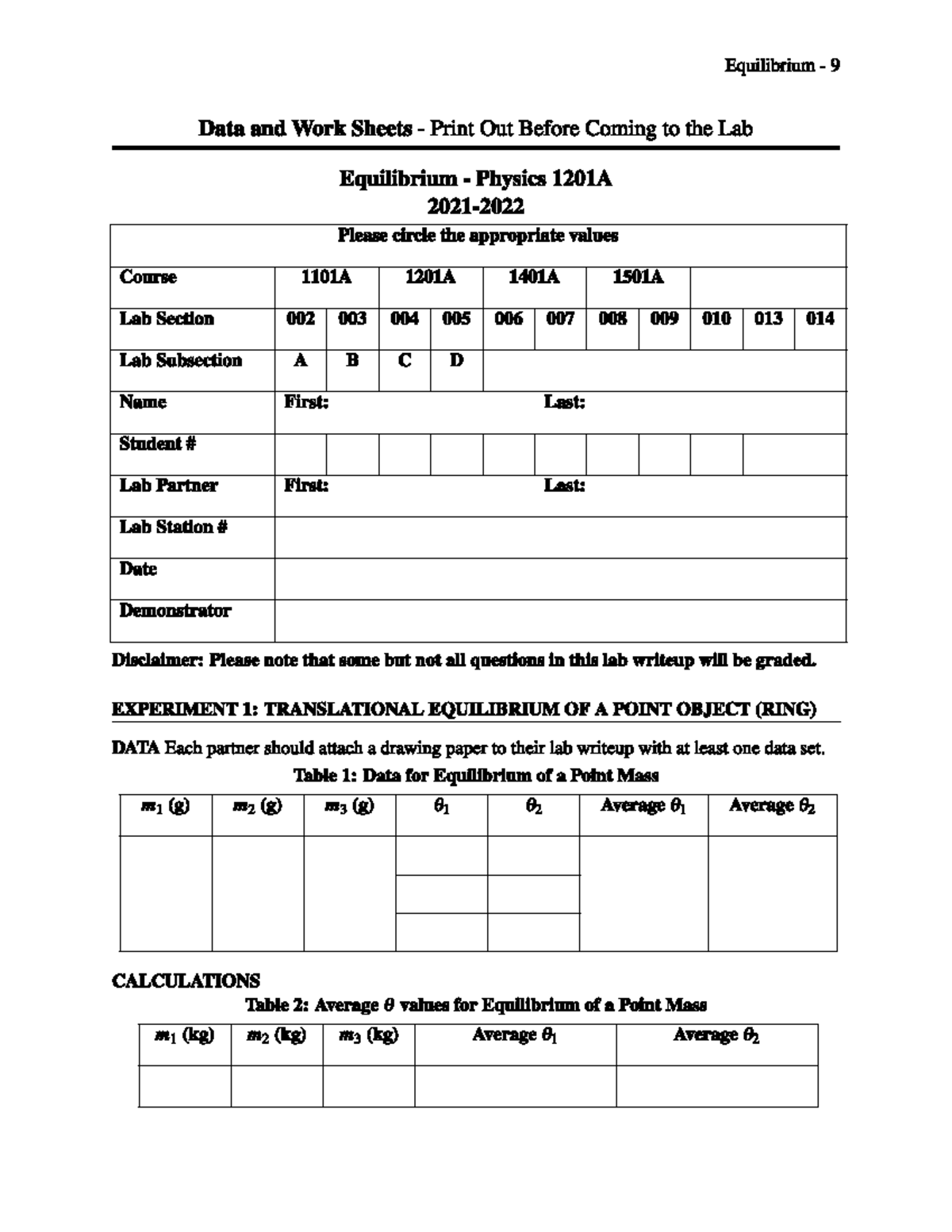 Equilibrium lab Worksheet for Physics 1201A - Physics 1201 - Western ...