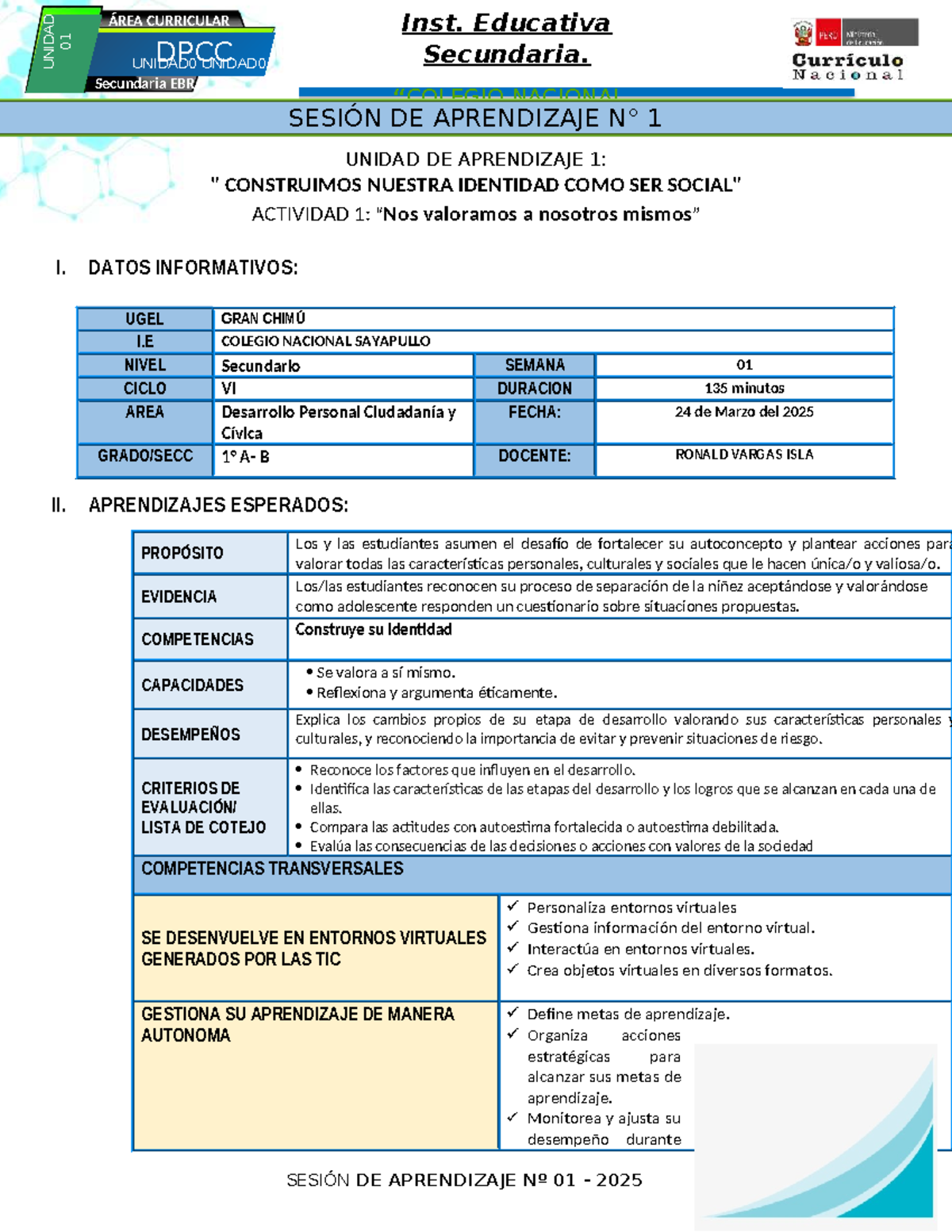 1º DPCC SES 1 UNI 1: Construyendo Nuestra Identidad en Secundaria - Studocu