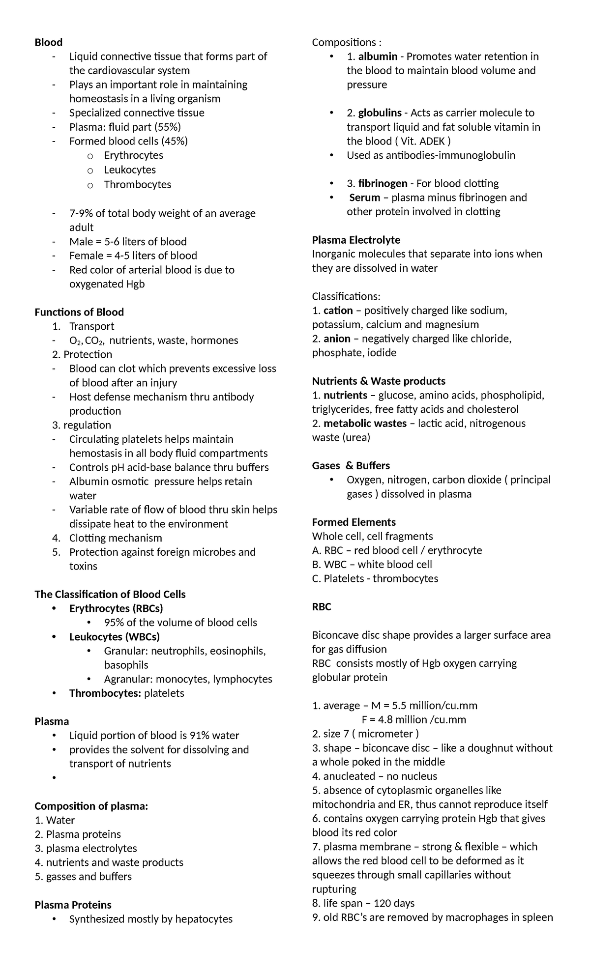 Blood-Lecture-Notes-2: Key Concepts and Functions - Studocu