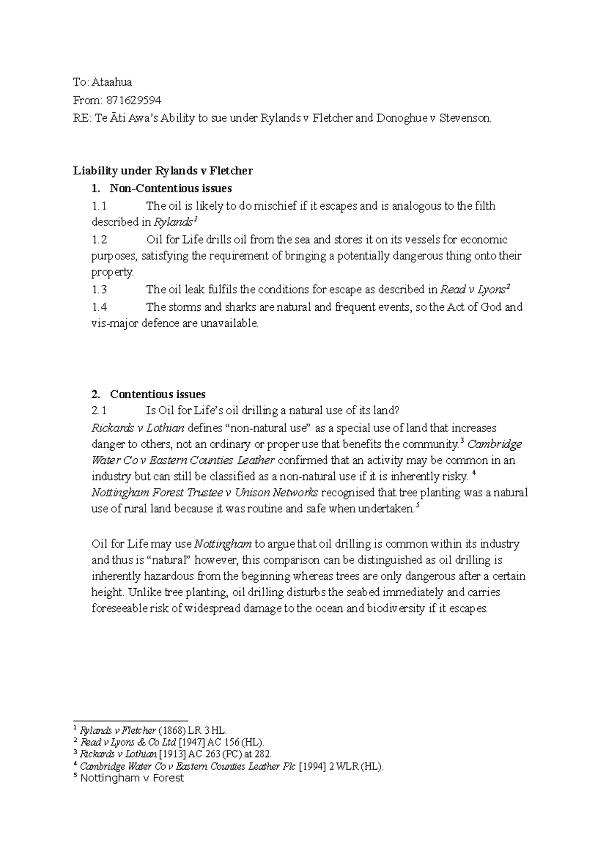 Law131 Legal Opinion: Liability Analysis under Rylands v Fletcher ...