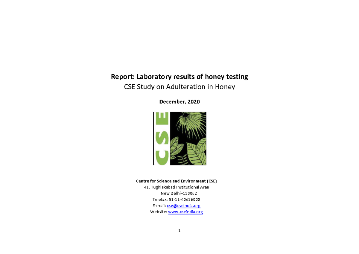 CSE Report: Laboratory Results on Honey Adulteration Testing - Studocu