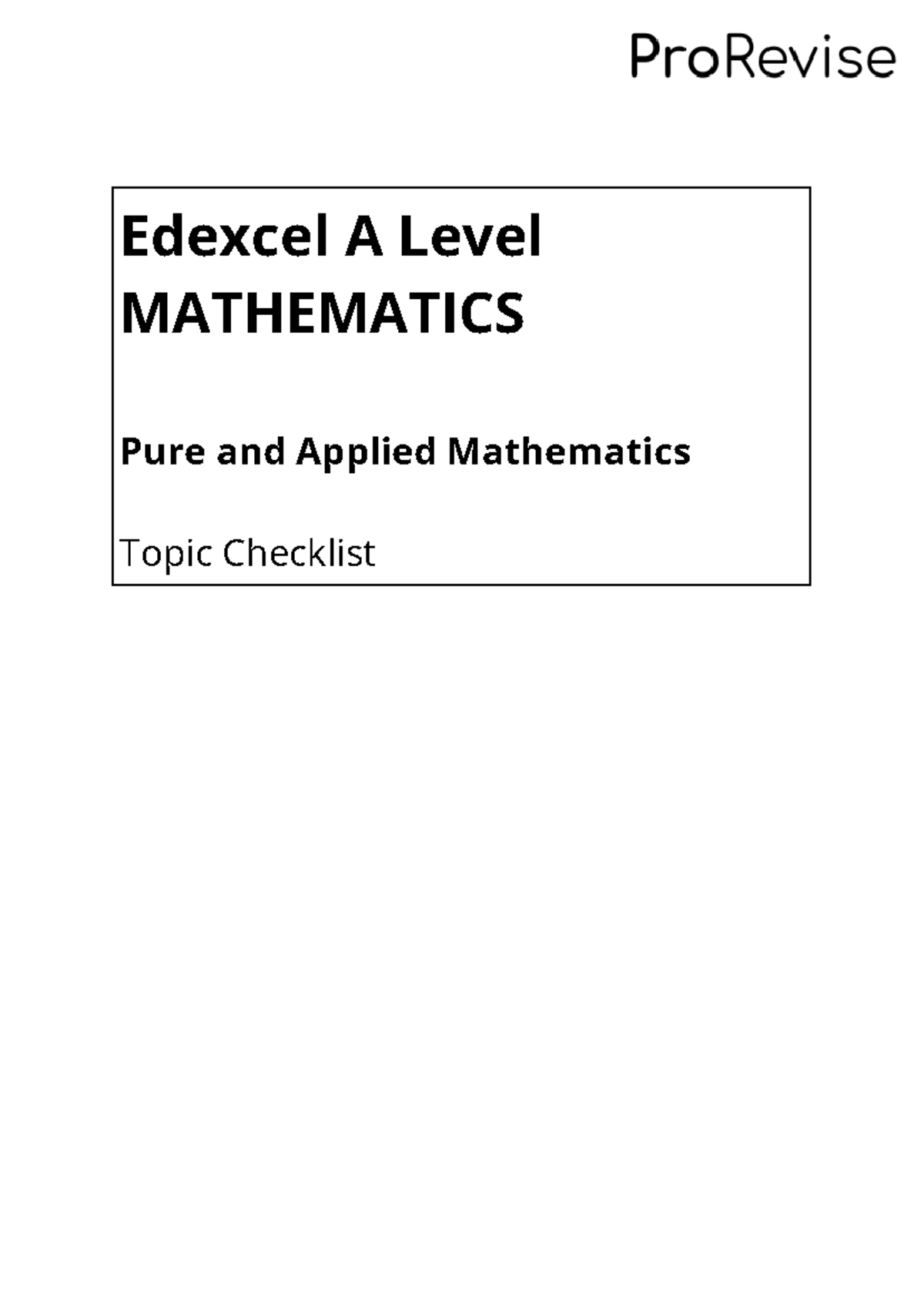 Edexcel A Level Mathematics Topic Checklist: Pure & Applied Math - Studocu