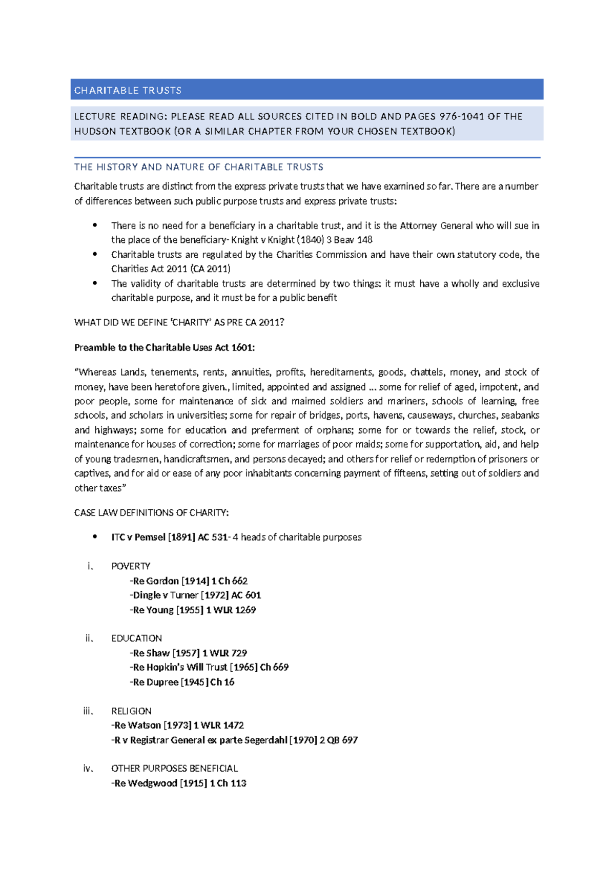 Charitable Trusts Lecture Notes - Key Concepts & Legal Framework - Studocu