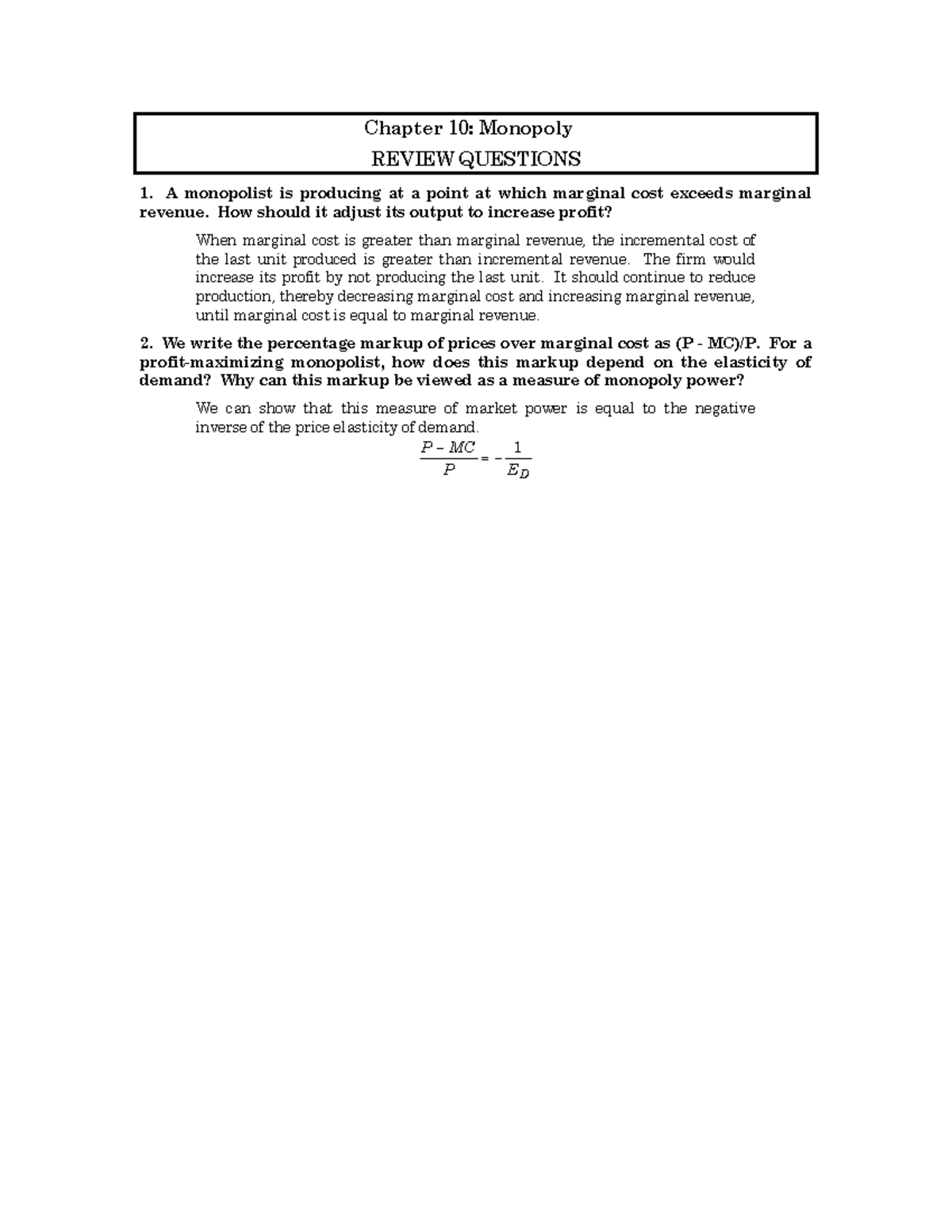 Monopoly Analysis: Questions & Solutions for Chapter 10 (Econ 101 ...