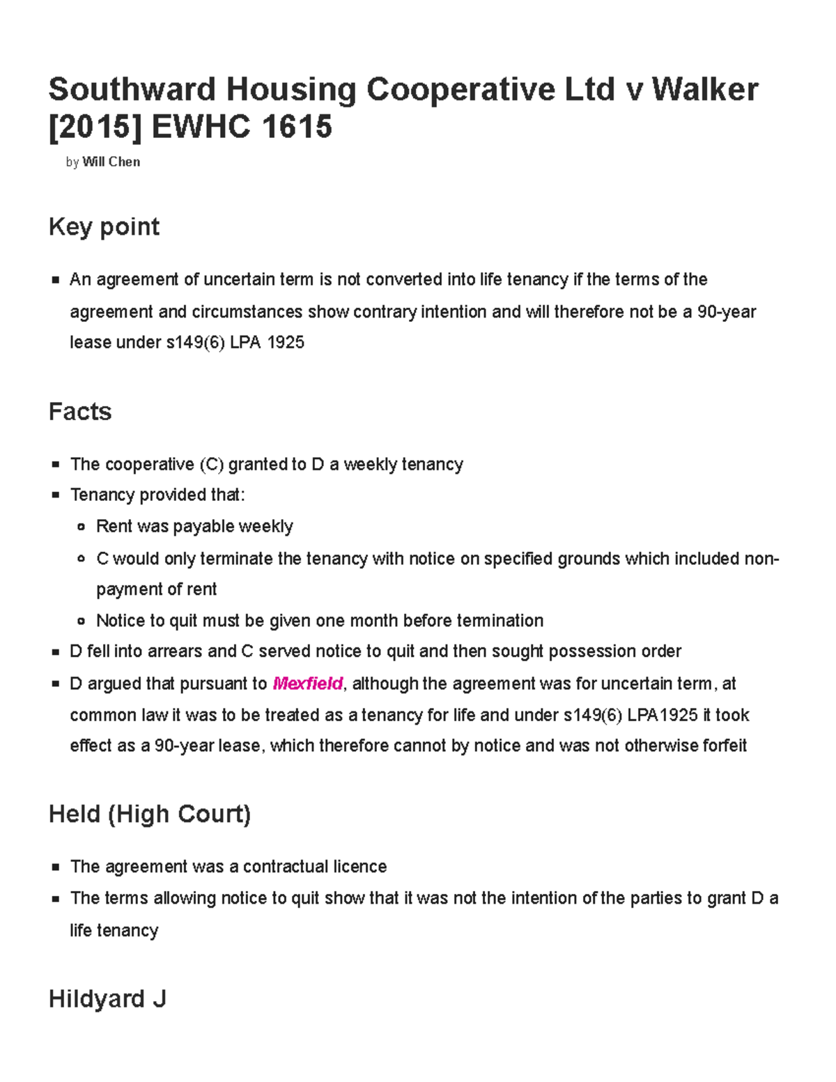 Southward Housing Coop Ltd v Walker [2015] EWHC 1615 - Case Analysis ...