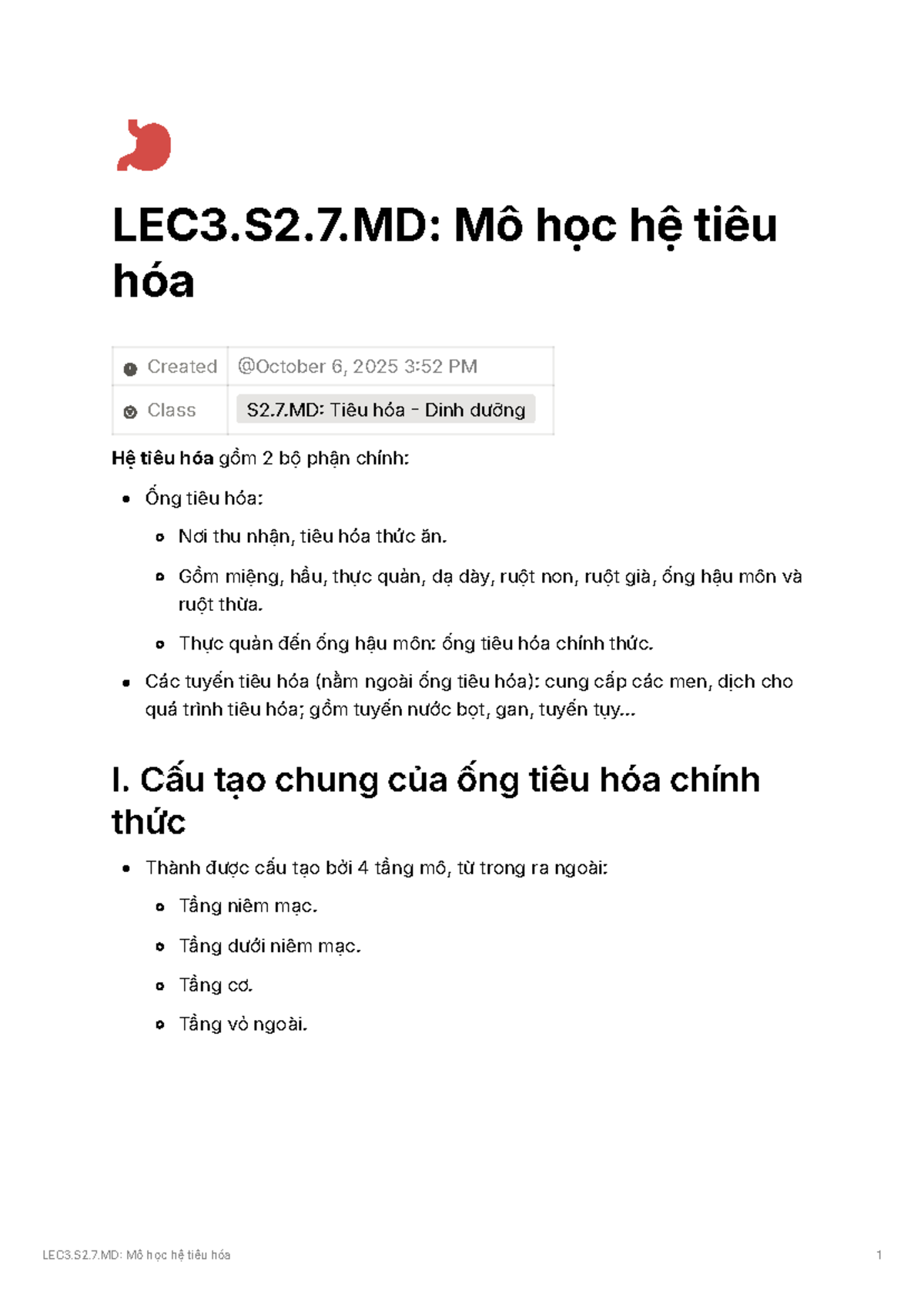 LEC3.S2.7.MD: Mô học hệ tiêu hóa - Cấu trúc và Chức năng - Studocu