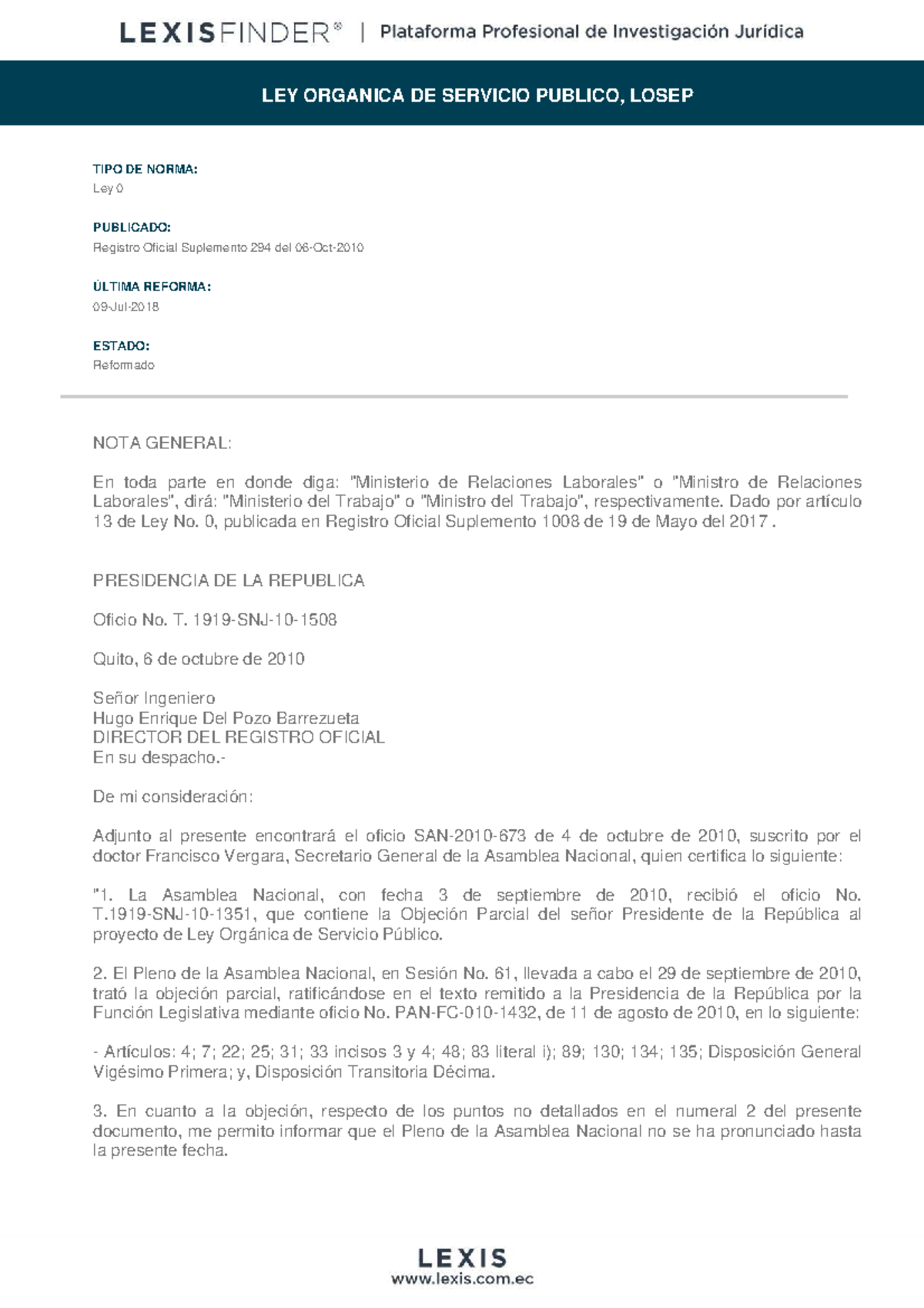LEY ORGÁNICA DE SERVICIO PÚBLICO (LOSEP) - DOCUMENTO COMPLETO - Studocu