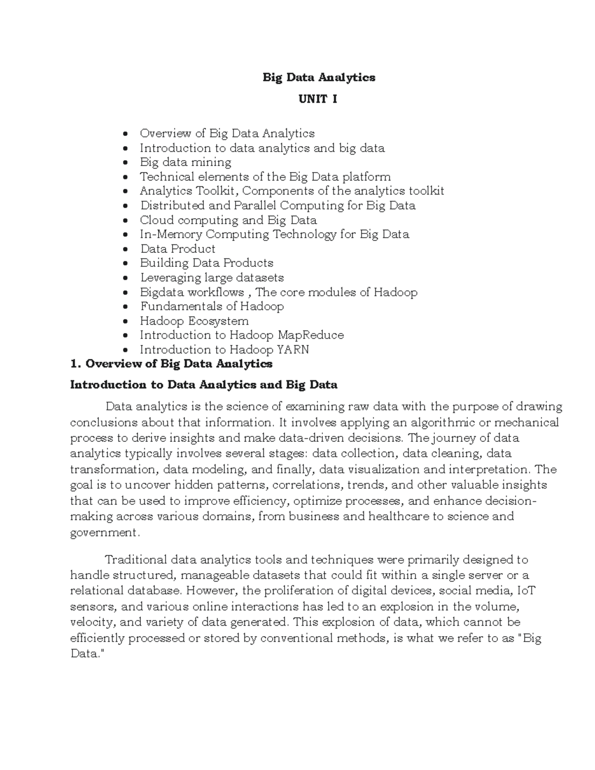 Big Data Analytics (UNIT I): Overview, Tools, and Techniques - Studocu