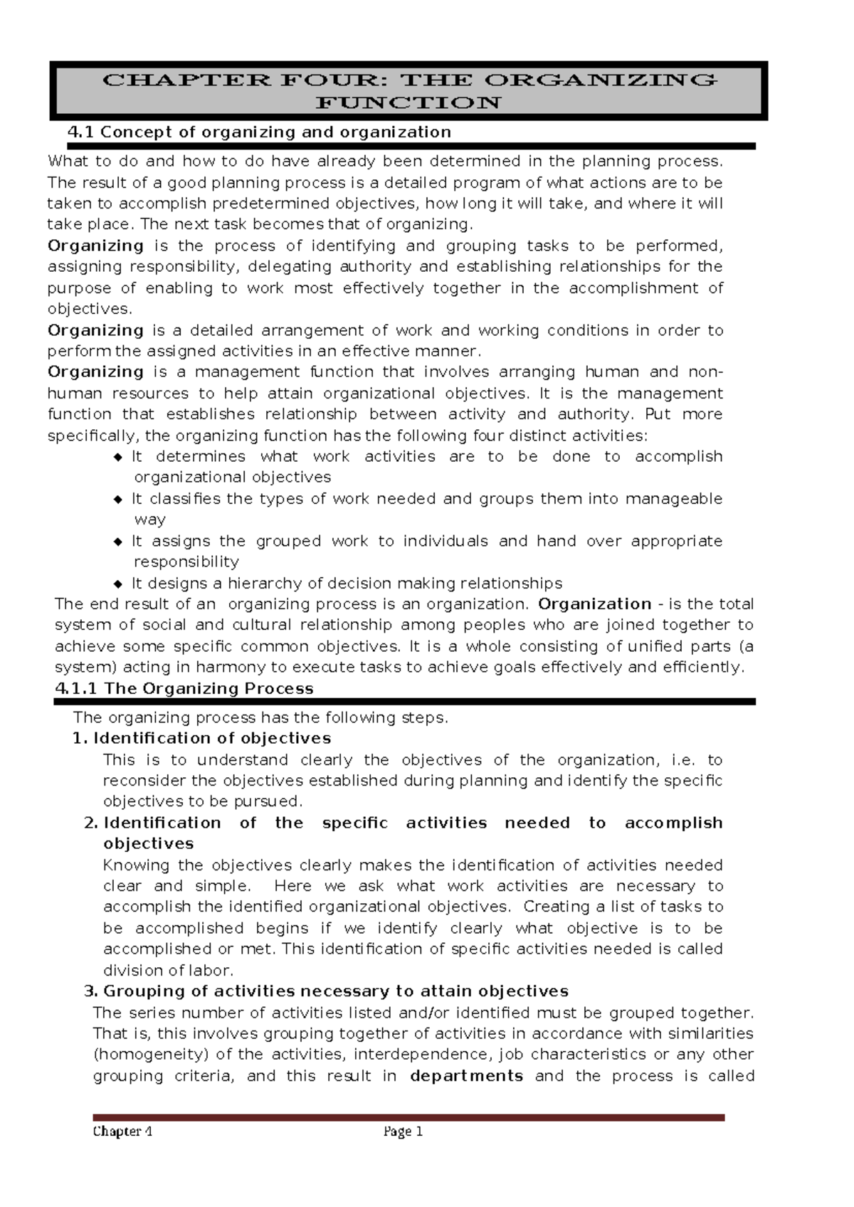 Chapter Five (5) - CHAPTER FOUR: THE ORGANIZING FUNCTION 4 Concept of ...