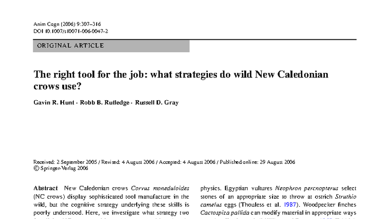 Cognitive Strategies in Tool Use by New Caledonian Crows (Anim Cogn ...