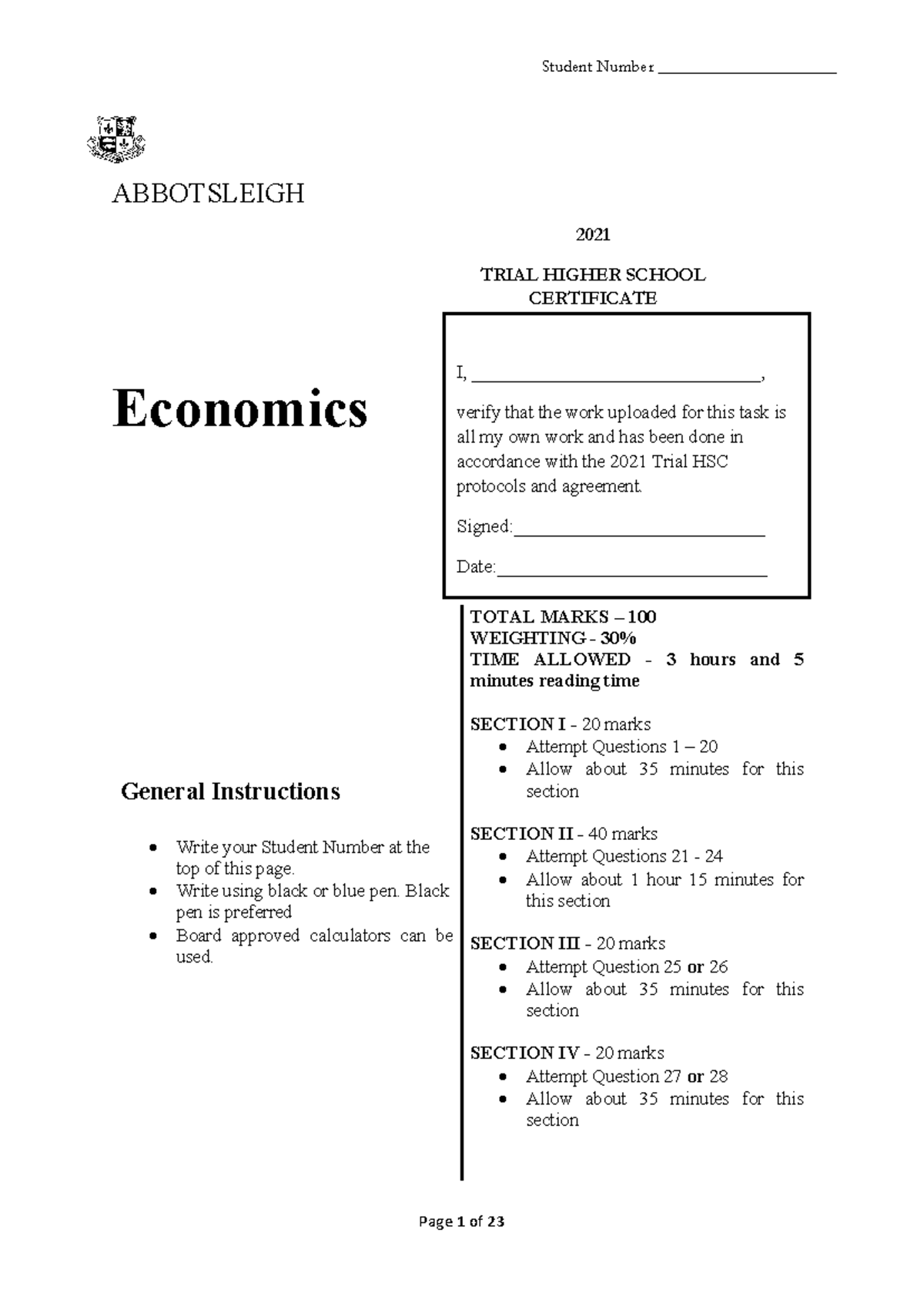 Abbotsleigh Trial HSC 2021 Economics Exam Questions & Instructions ...
