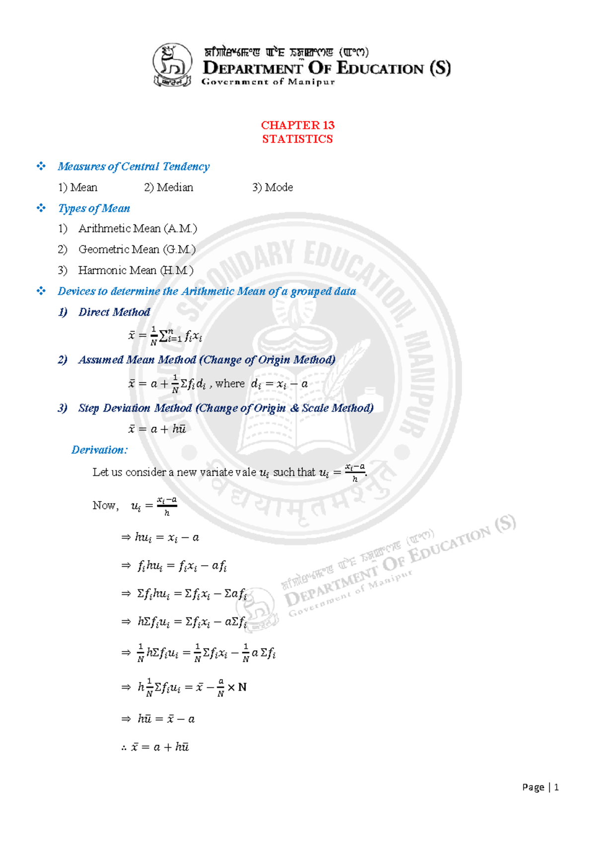 CH - 13 Statistics: Measures of Central Tendency in Class X Maths - Studocu