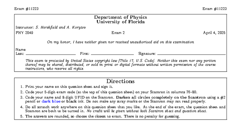 PHY 2049 Spring 2025 Exam 2 Sample Questions - Studocu