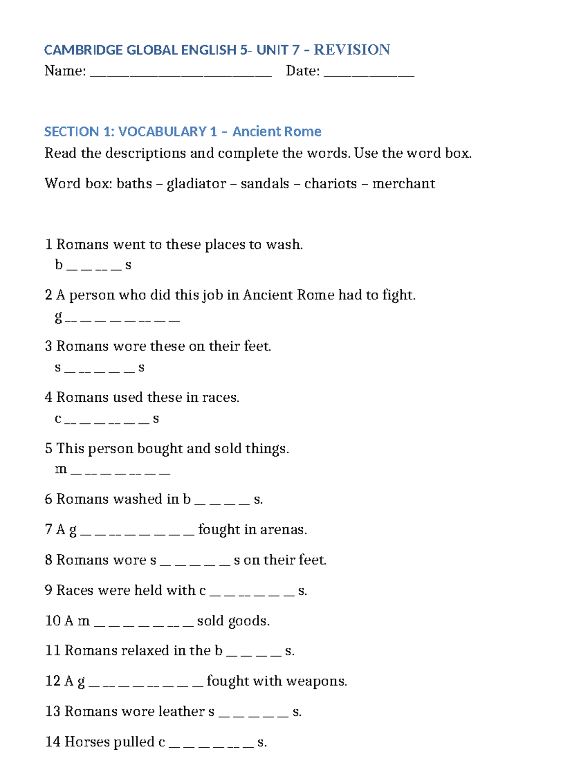 Cambridge Global English 5 - Unit 7 Vocabulary & Grammar Revision - Studocu