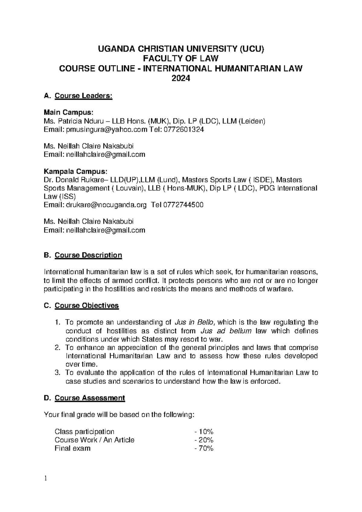 UCU International Humanitarian Law 2024 Course Outline (Final) - Studocu