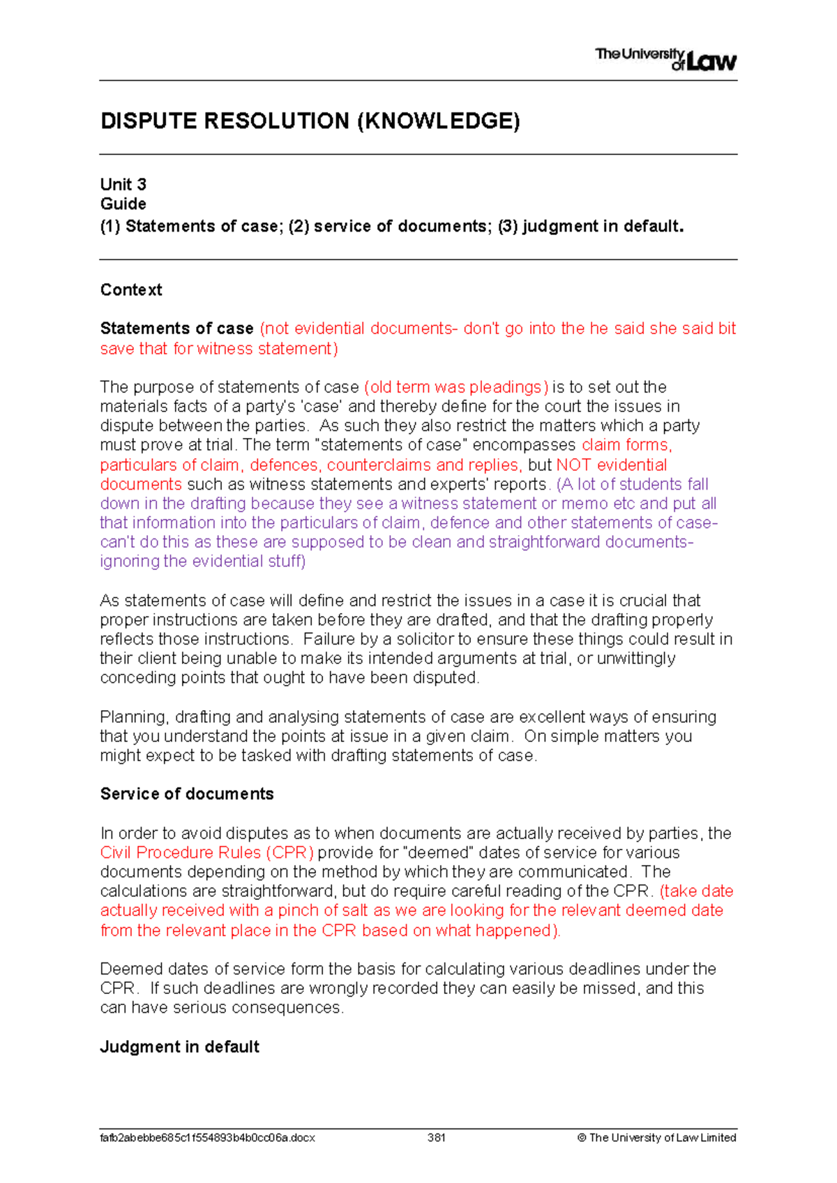 Dispute Resolution (KNOWLEDGE) Unit 3: Statements of Case & Judgment in ...