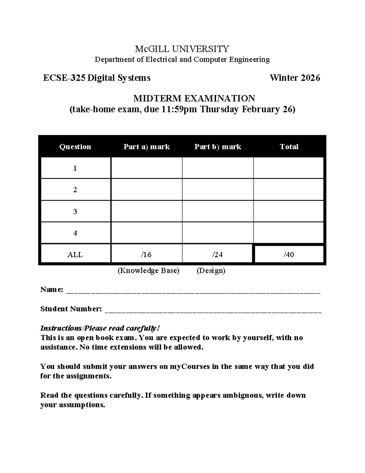 ECSE 325 Midterm Exam Winter 2026 - Digital Systems - Studocu