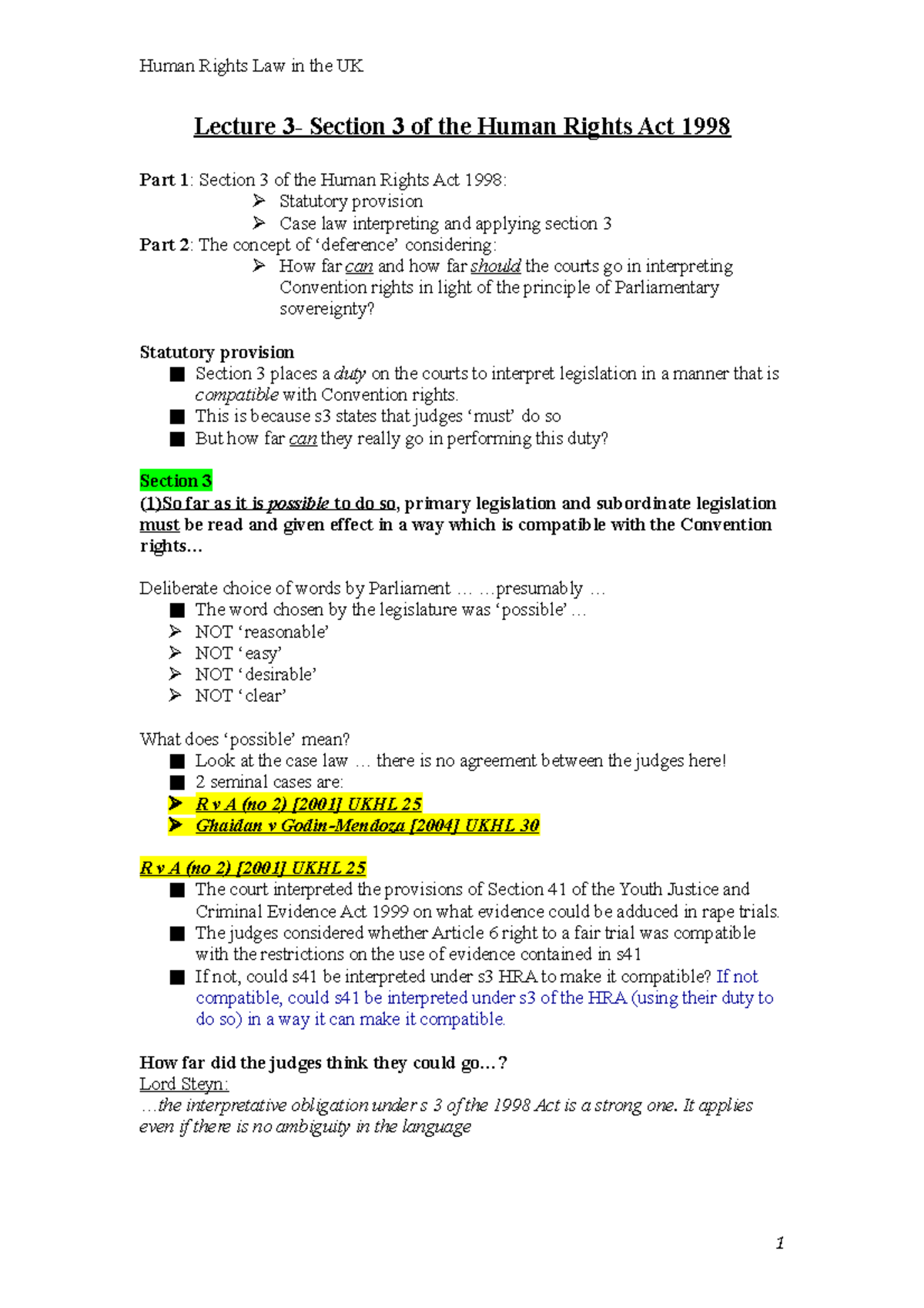 Lecture 3: Exploring Section 3 of the Human Rights Act 1998 - Studocu