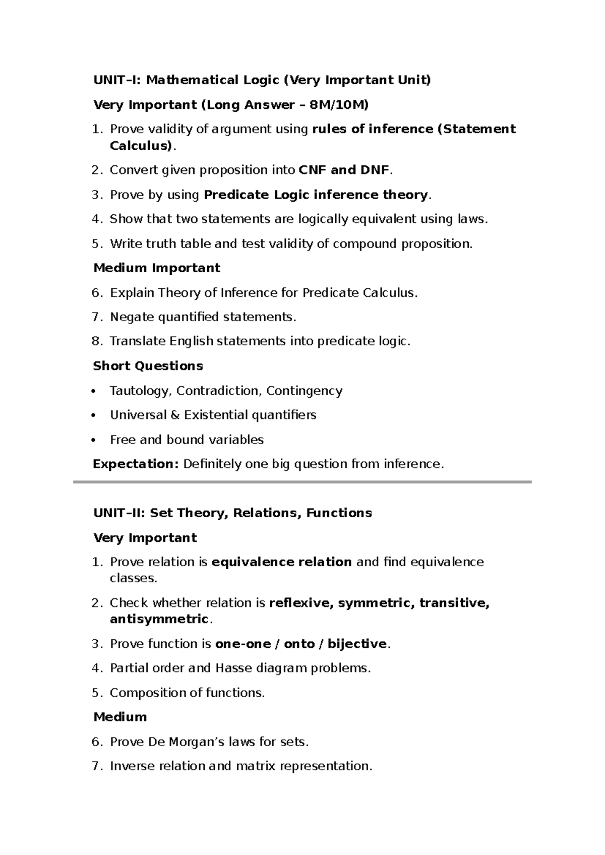 DM - Important Questions for Mathematical Logic & Set Theory Exam - Studocu