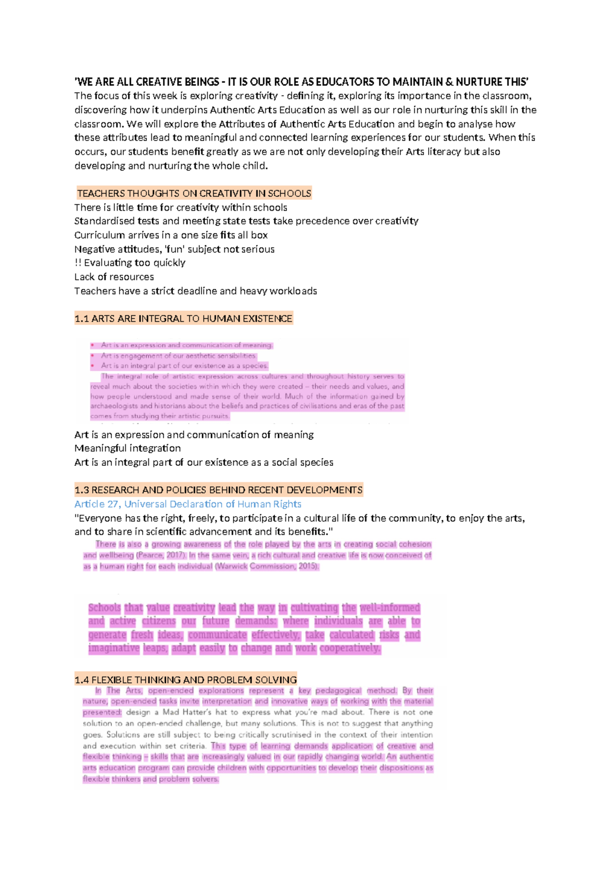 WK 1 ARTS Notes - 'WE ARE ALL CREATIVE BEINGS - IT IS OUR ROLE AS ...