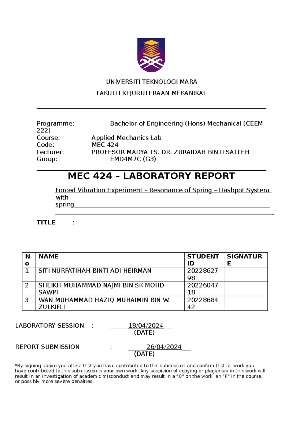 MEC 424 Final Lab Report on Forced Vibration Experiment 3 - Studocu