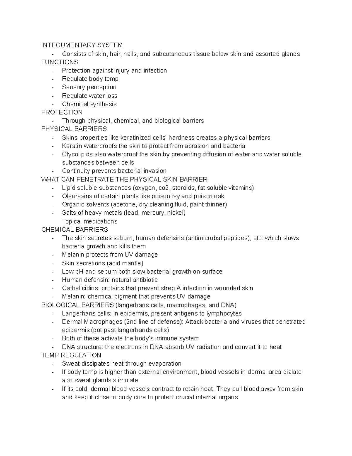 INTEGUMENTARY SYSTEM: Functions, Barriers, and Temp Regulation Overview ...