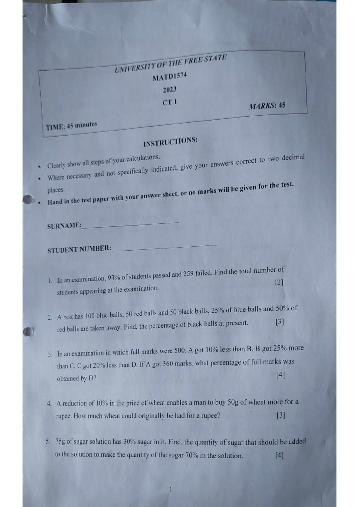 CT 1 2023 MATD 1574 - This is a class test 1 practical - MATD 1554 ...