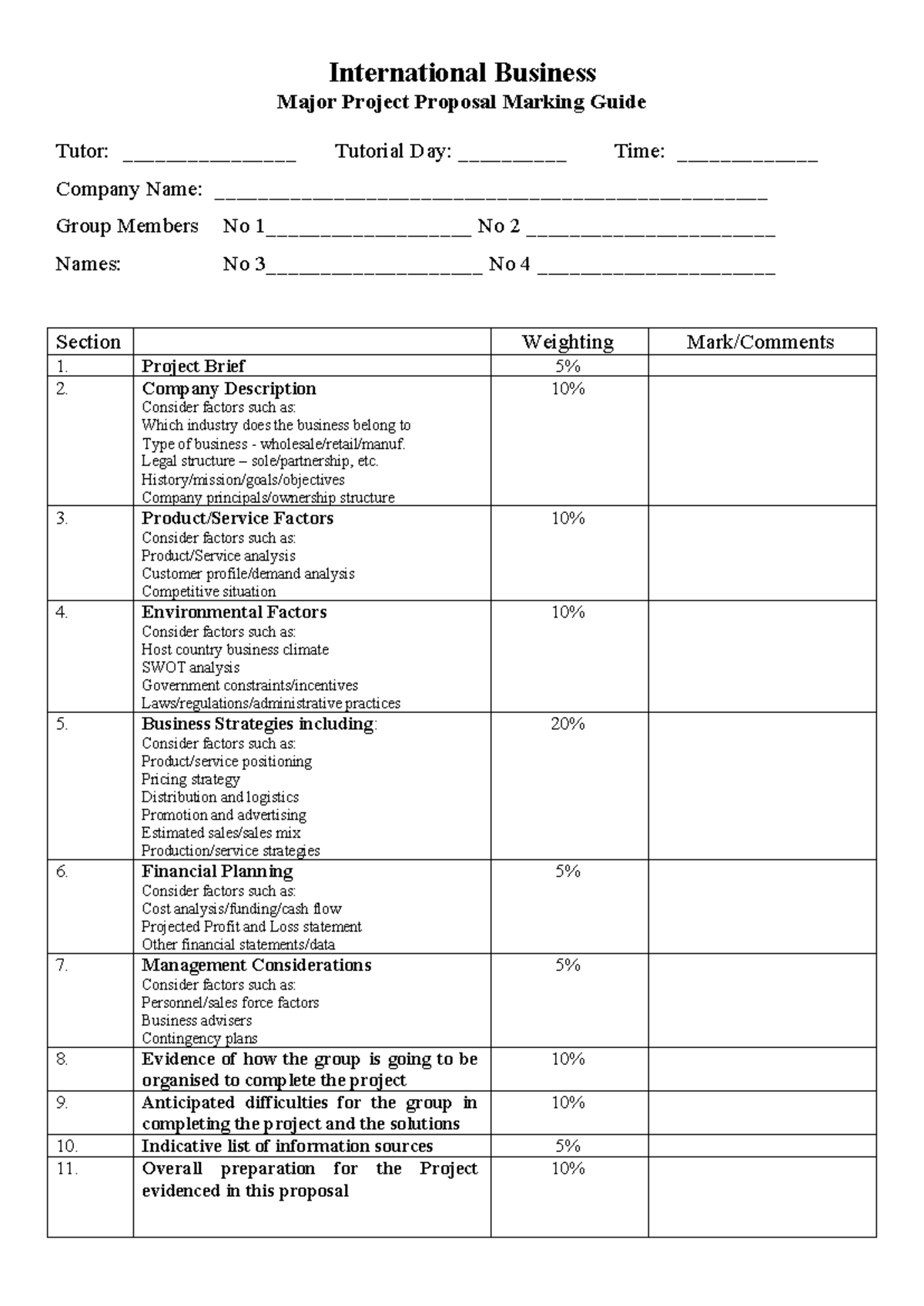 BUS219 Major Project Proposal Marking Guide - Studocu