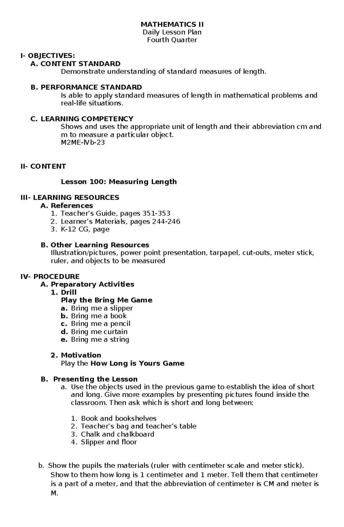 Mathematics II-4TH - CLASSROOM OBSERVATION TOOL - MATHEMATICS II Daily ...