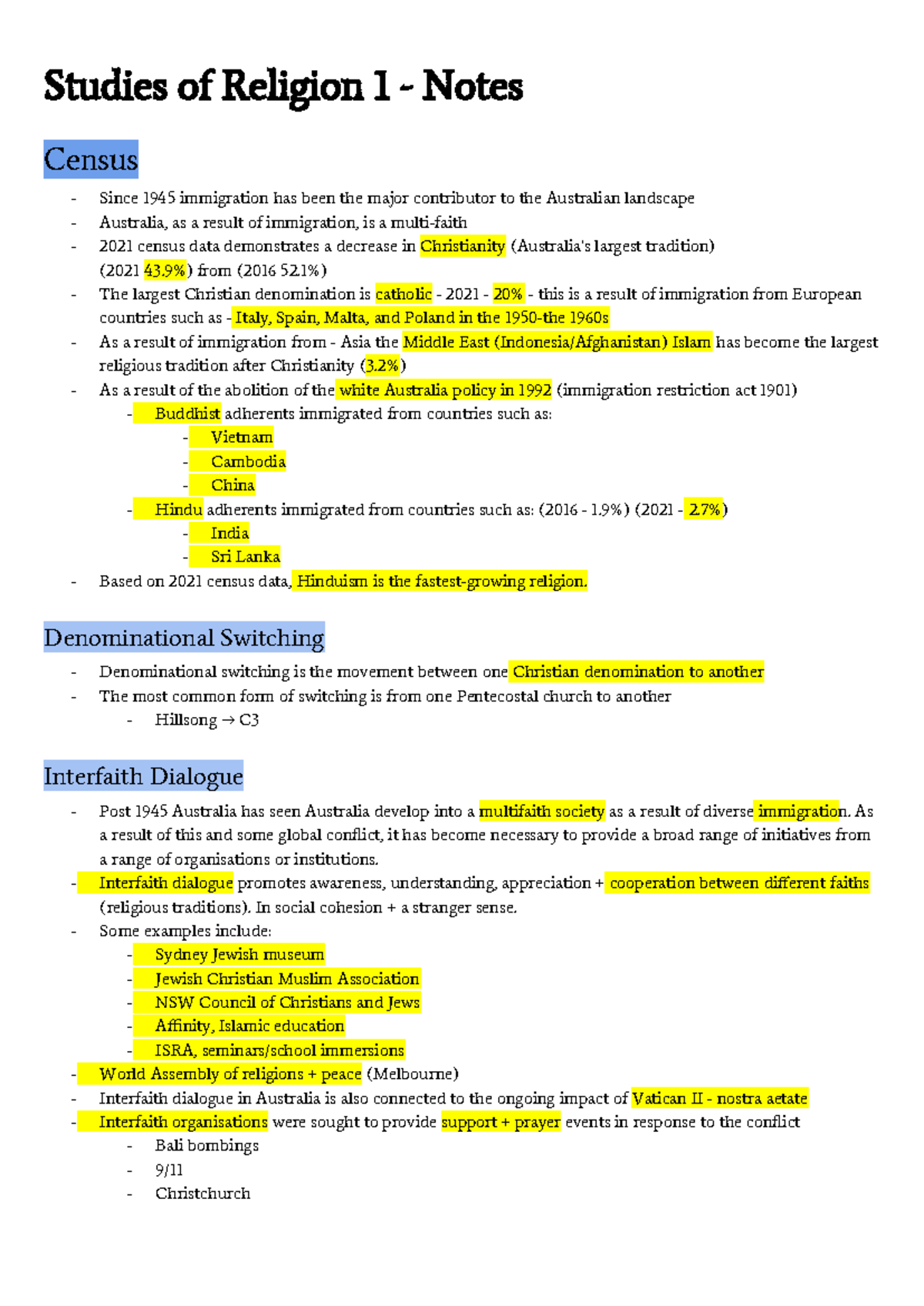 Studies of Religion 1 - Notes - Studies of Religion 1 - Notes Census ...